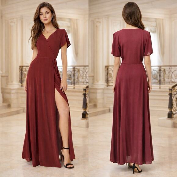 Lulus Dresses & Skirts - Lulus Burgundy Wrap Maxi Dress L Short Sleeve V Neck Flowy Lined Wedding Guest